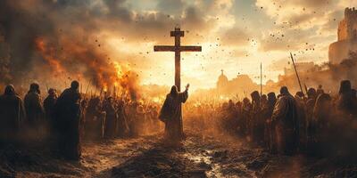 dramático momento de un líder direccionamiento seguidores en medio de un caótico medieval batalla a puesta de sol foto