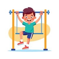 Scene of Boy Swinging Joyfully on Jungle Gym vector