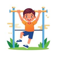 Boy Swinging with Joy on Jungle Gym vector