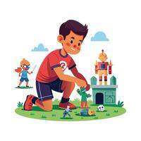 Boy Enthusiastically Playing with Action Figures vector
