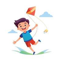 Active Boy Enjoying Kite Flying Fun. vector