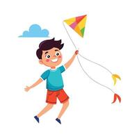 Boy Enthusiastically Flying with a Kite. vector