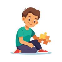 Active Boy Sitting While Engaging with Puzzle vector