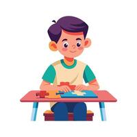 Active Boy Sitting Engaged with Puzzle vector