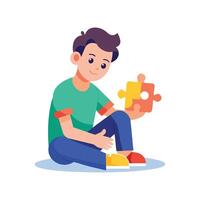 Joyful Boy Sitting with Puzzle and Playing vector