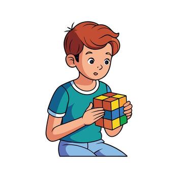 Boy Crouched Down Solving Rubiks Cube vector