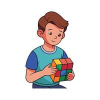 Active Boy Engaged with Rubiks Cube vector