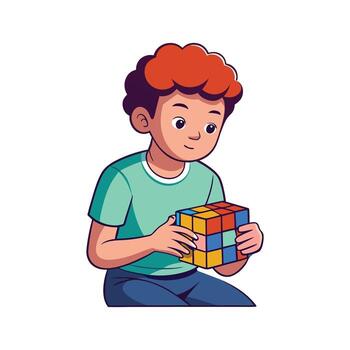 Child Enthusiastically Solving Rubiks Cube vector