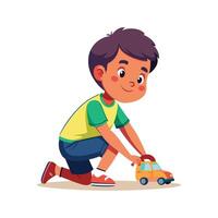 Boy Kneeling While Playing with Toy Car vector
