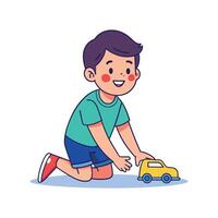 Boy Kneeling While Playing with Toy Car. vector