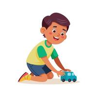 Joyful Boy Kneeling and Playing with Toy Car vector