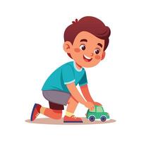 Active Boy Kneeling While Engaging with Toy Car vector