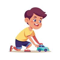 Active Boy Kneeling While Engaging with Toy Car. vector
