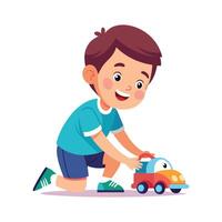 Excited Boy Kneeling While Playing with Toy Car vector