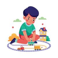 Boy Designing with Toy Train While Sitting vector