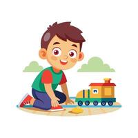 Child Joyfully Setting Up Toy Train Scene vector