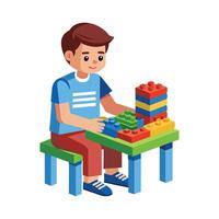 Creative Boy Building with His Lego Collection vector