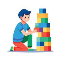 Happy Boy Enjoying Stacking Toy Blocks vector