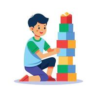 Enthusiastic Boy Building with Toy Blocks vector