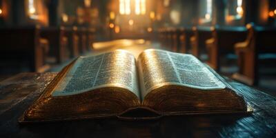 Open book resting on a wooden table illuminated by soft light in a quiet, sacred space photo