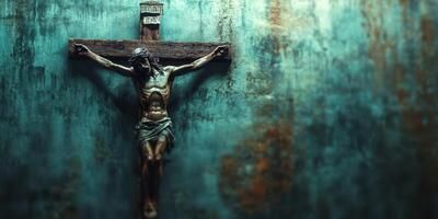 Detailed crucifix depicts Jesus on the cross against a textured blue-green wall in a serene setting photo