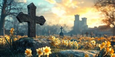 Sunrise over a tranquil cemetery with ancient crosses and blooming daffodils photo