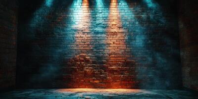 Vividly illuminated brick wall creates a dramatic atmosphere for performances or artistic displays photo