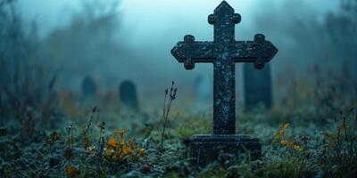 Misty graveyard with a weathered cross surrounded by overgrown vegetation in early morning light photo
