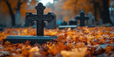 Cross standing in a cemetery surrounded by vibrant autumn leaves during a foggy afternoon photo