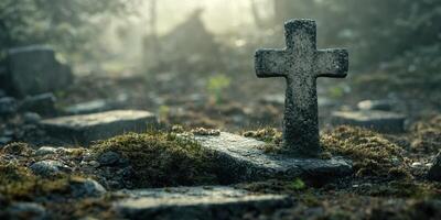 Foggy graveyard landscape with an old stone cross surrounded by moss and weathered gravestones at dawn photo