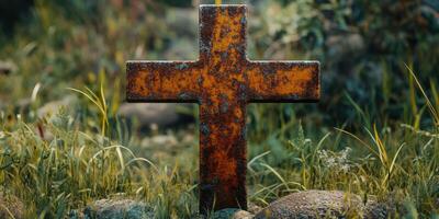 Rusted cross standing amidst lush grass and stones in a serene outdoor environment during daylight photo