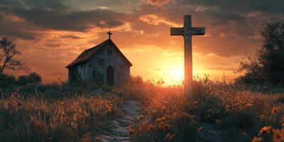 Sunset view of a rustic chapel with a cross surrounded by wildflowers in a peaceful landscape photo