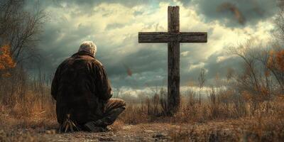 Man kneeling in reflection before a wooden cross in a serene autumn landscape under a dramatic sky photo