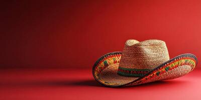 Colorful straw hat resting on a solid red background with traditional patterns visible photo
