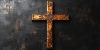 Cross made of worn metal hangs against a textured dark wall in a spiritual setting photo