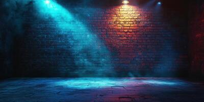 Dynamic lighting effects illuminate empty venue with smoke in vibrant blue and orange tones photo