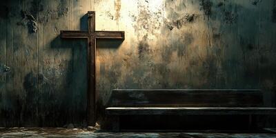 Dark atmosphere with a wooden cross and worn bench in an abandoned space during evening light photo