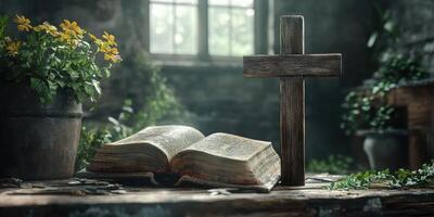Spiritual reflection in a serene space with an open book and a wooden cross among flowers and plants photo
