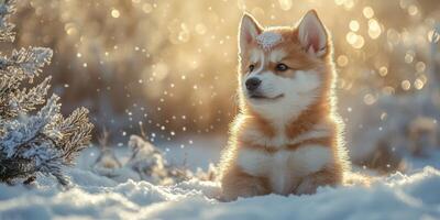 Cute corgi puppy sitting in the snow with sunlight creating a magical winter atmosphere photo