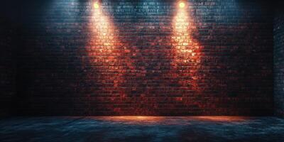 Dramatic lighting highlights textured brick wall in an urban setting during nighttime photo