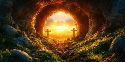 Beautiful sunset view through an ancient cave entrance with wooden crosses marking a serene resting place photo