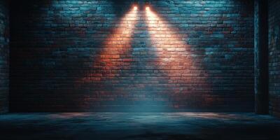 Dimly lit urban setting with blue and orange lights highlighting a brick wall in an empty room photo