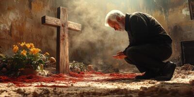 Man kneeling in prayer beside a wooden cross in a dimly lit, atmospheric setting filled with flowers and scattered earth photo
