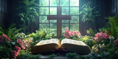 Beautifully arranged open Bible with a wooden cross surrounded by vibrant flowers and plants in a serene room with natural light photo