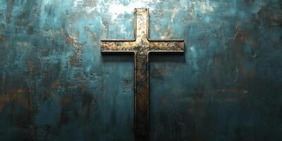 Distinctive metallic cross against a textured blue and bronze wall creates a spiritual atmosphere in a contemplative space photo