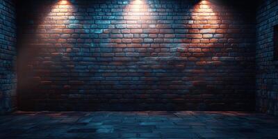 Mysterious brick wall illuminated by soft lights in a dimly lit space photo