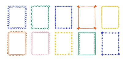 Set of outline squiggle frames with crayon, chalk or pastel texture. Design elements for photo decoration. Color illustration isolated on a white background. vector