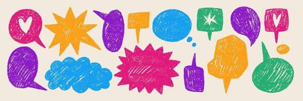 Text boxes, cloud, star and heart with grungy organic textures. Rough shapes painted by crayon. Color illustration in retro style. vector