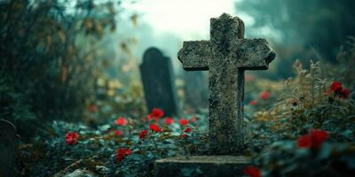 Misty graveyard with weathered cross and blooming red roses accentuating a serene and reflective atmosphere photo