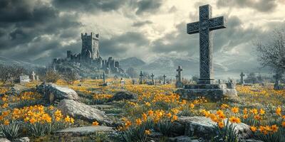 Celtic cemetery with ancient tombstones and blooming daffodils under a cloudy sky photo